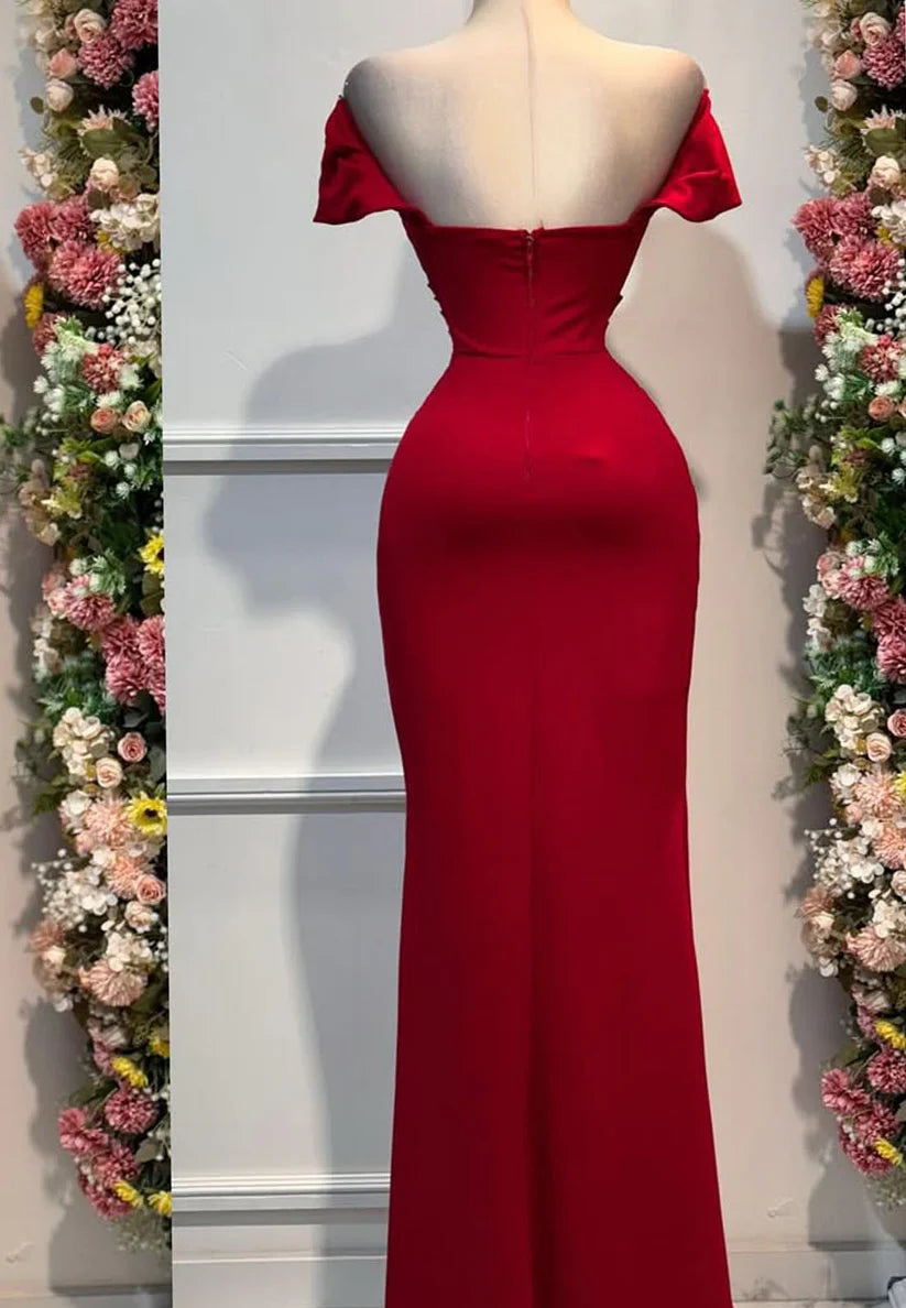 Sweetheart Cap Sleeves Pleated Side Slit Sheath Prom Dress simple gentle atmospheric and unique desi Bring summer colors to enhance whiteness