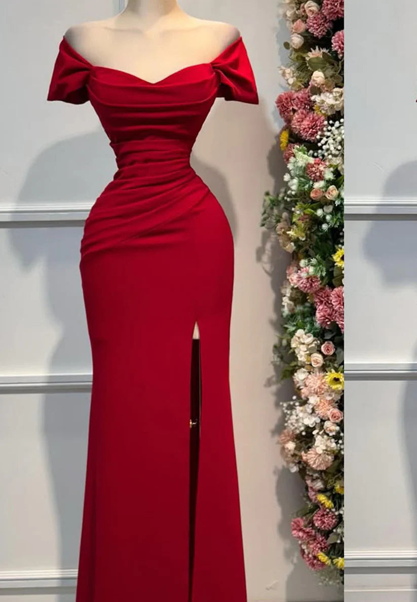 Sweetheart Cap Sleeves Pleated Side Slit Sheath Prom Dress simple gentle atmospheric and unique desi Bring summer colors to enhance whiteness