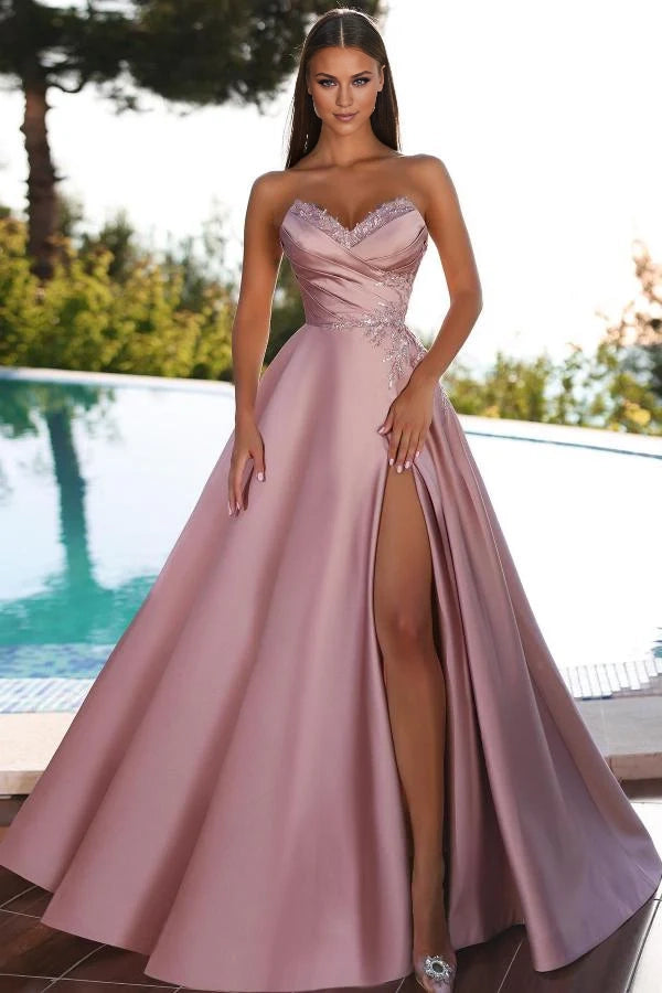 Sweetheart Dusty Pink Prom Dresses Long With Slit Lace Appliques Simple gentle atmospheric and unique design