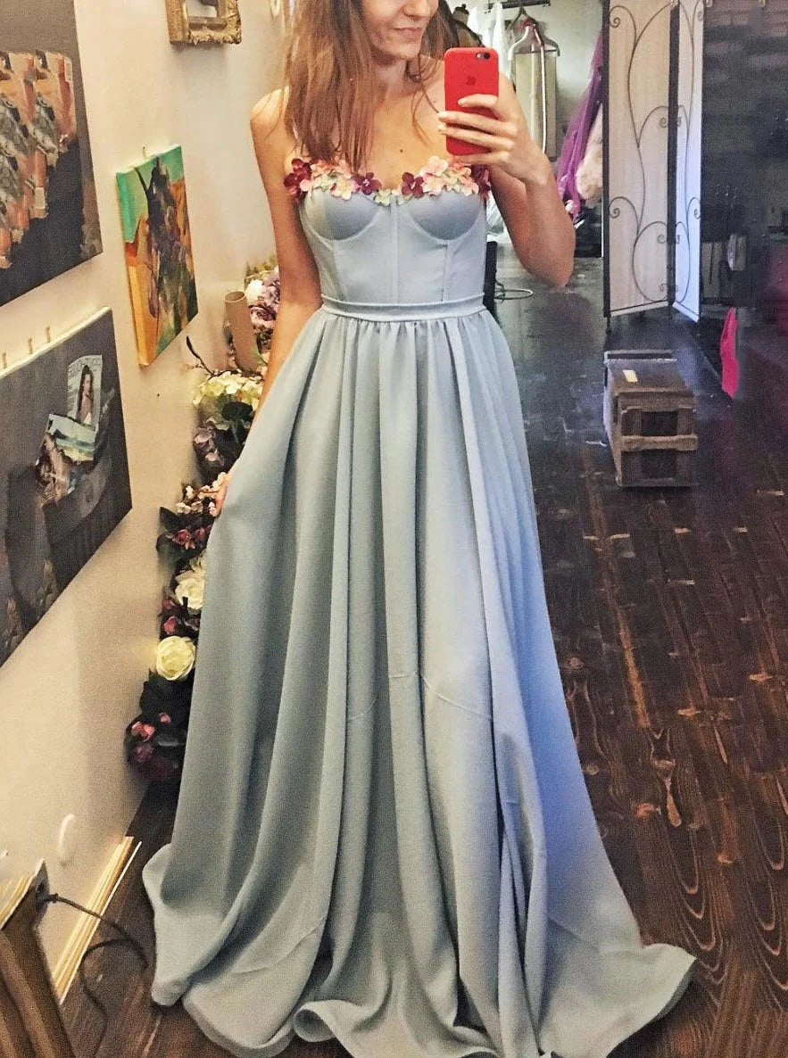 Sweetheart Long Prom Dress With Floral,Formal Dresses Light Blue Evening Dress simple gentle atmospheric and unique desi Bring summer colors to enhance whiteness
