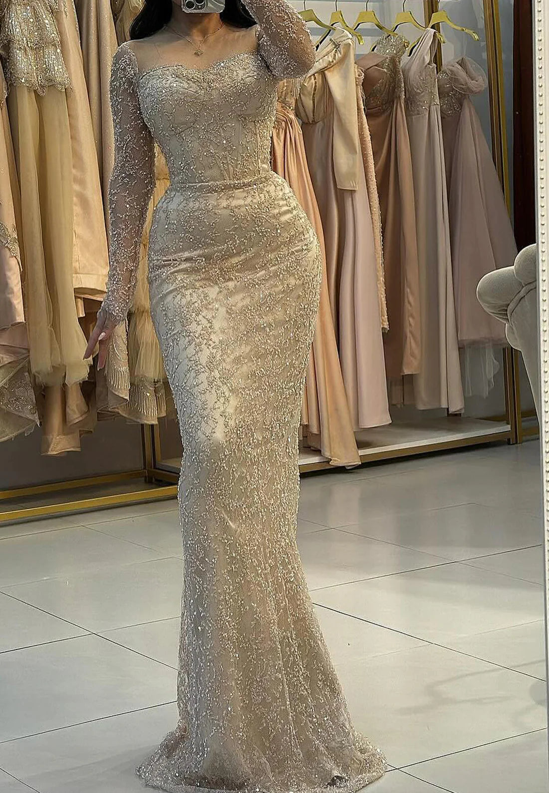 Sweetheart Long Sleeves Appliques Evening Dress Beaded Mermaid Prom Dress simple gentle atmospheric and unique desi Bring summer colors to enhance whiteness