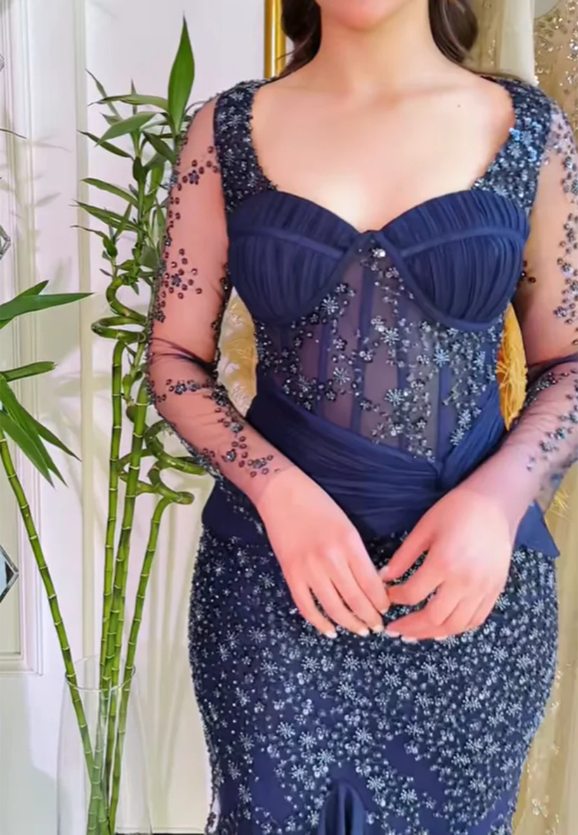 Sweetheart Long Sleeves Appliques Sparkly Mermaid Evening Dress simple gentle atmospheric and unique desi Bring summer colors to enhance whiteness