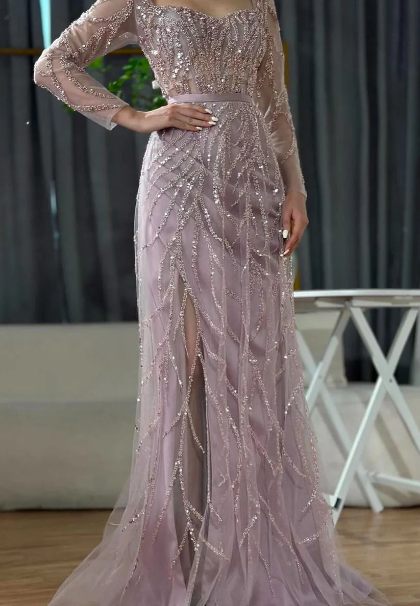 Sweetheart Long Sleeves Beaded Embroidery Sheath Evening Dress simple gentle atmospheric and unique desi Bring summer colors to enhance whiteness