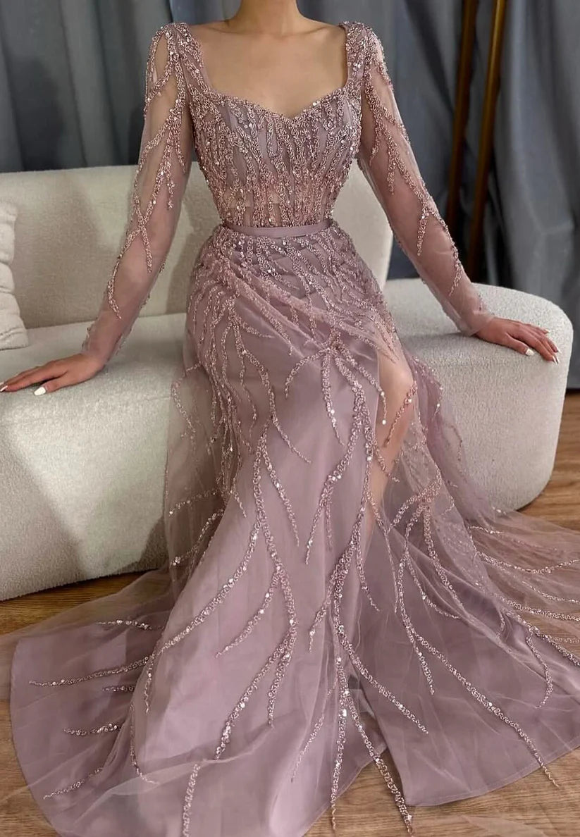 Sweetheart Long Sleeves Beaded Embroidery Sheath Evening Dress simple gentle atmospheric and unique desi Bring summer colors to enhance whiteness