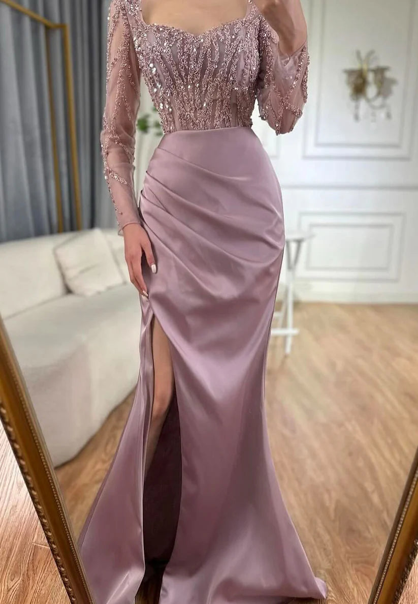 Sweetheart Long Sleeves Beaded Embroidery Sheath Evening Dress simple gentle atmospheric and unique desi Bring summer colors to enhance whiteness