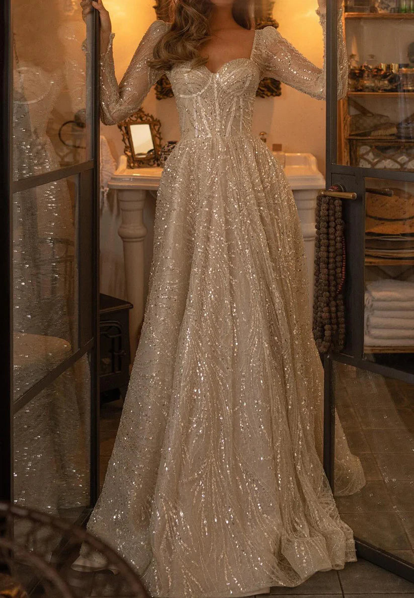 Sweetheart Long Sleeves Beaded Embroidery Sparkly A-Line Prom Dress simple gentle atmospheric and unique desi Bring summer colors to enhance whiteness