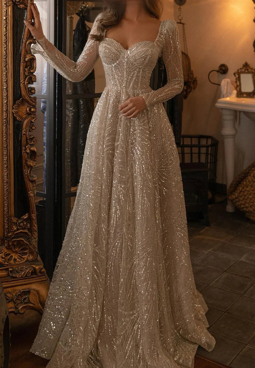 Sweetheart Long Sleeves Beaded Embroidery Sparkly A-Line Prom Dress simple gentle atmospheric and unique desi Bring summer colors to enhance whiteness