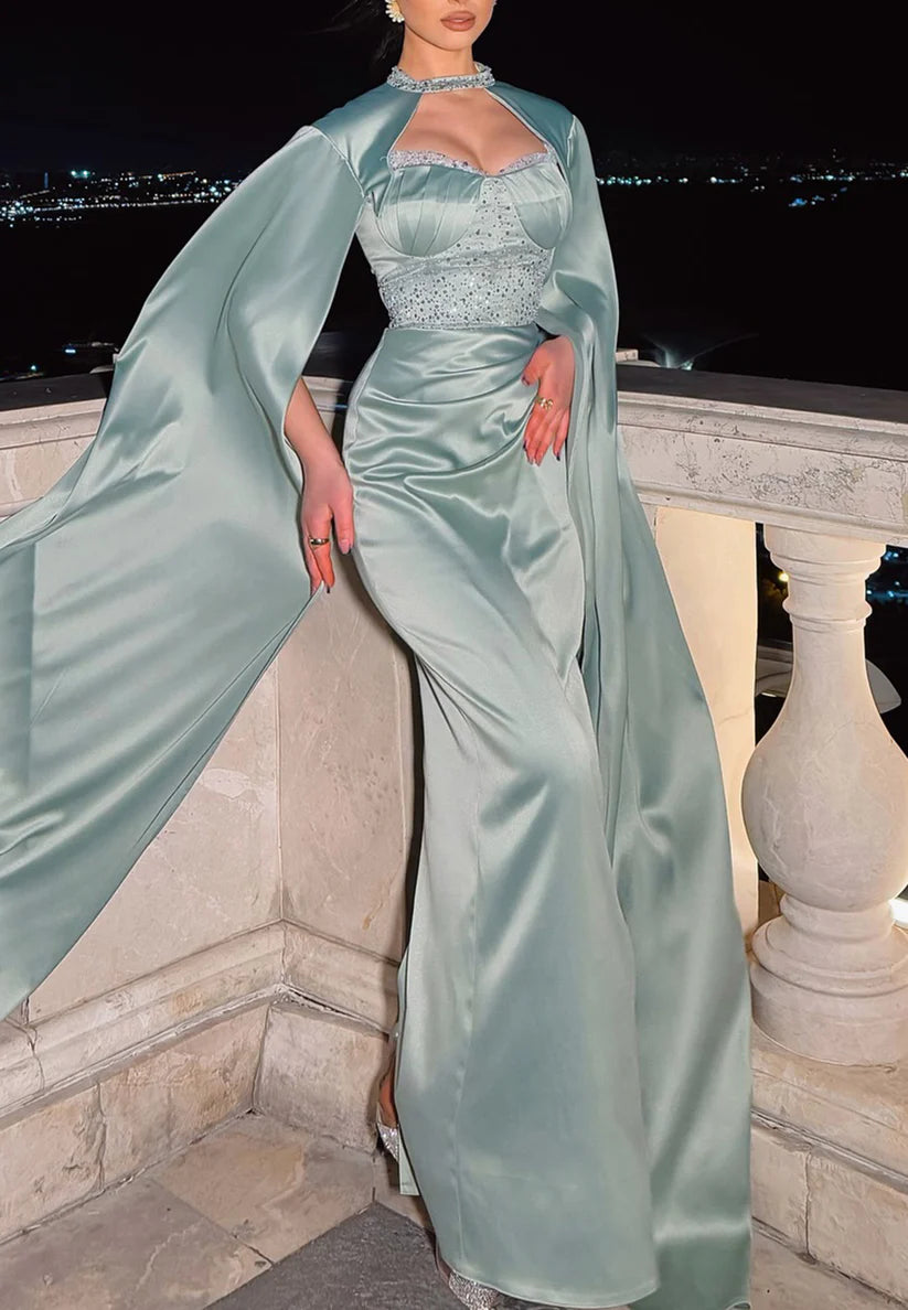 Sweetheart Long Sleeves Beaded Pleated Mermaid Evening Dress simple gentle atmospheric and unique desi Bring summer colors to enhance whiteness