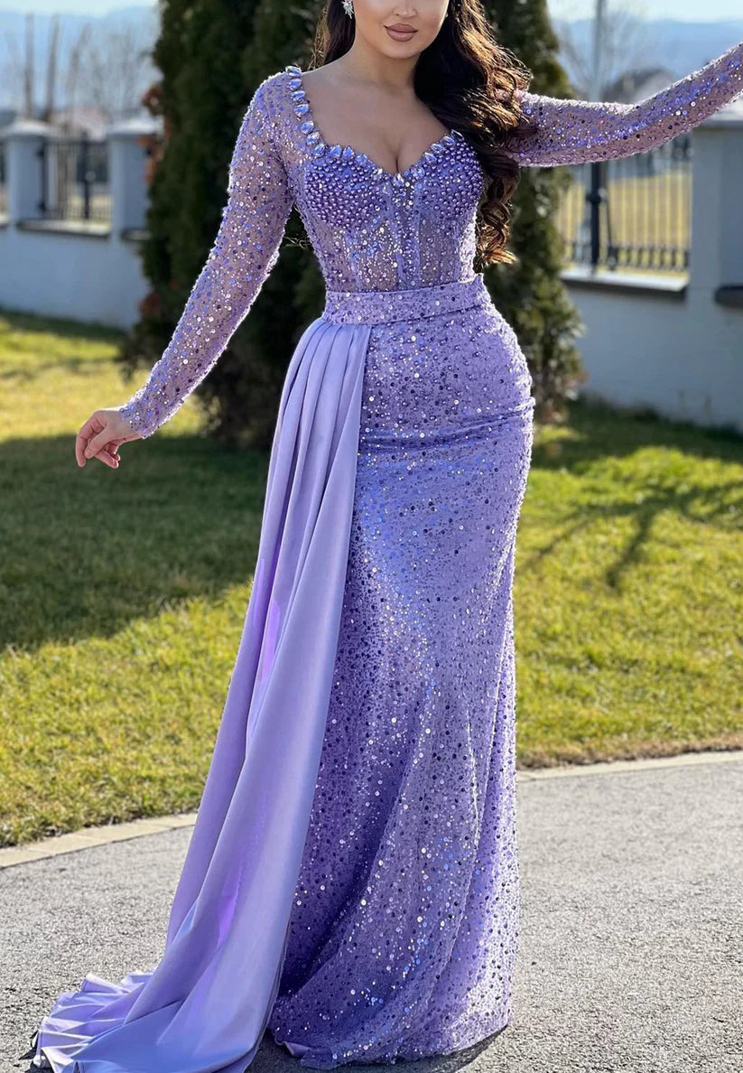 Sweetheart Long Sleeves Beaded Sequins Mermaid Prom Dress simple gentle atmospheric and unique desi Bring summer colors to enhance whiteness