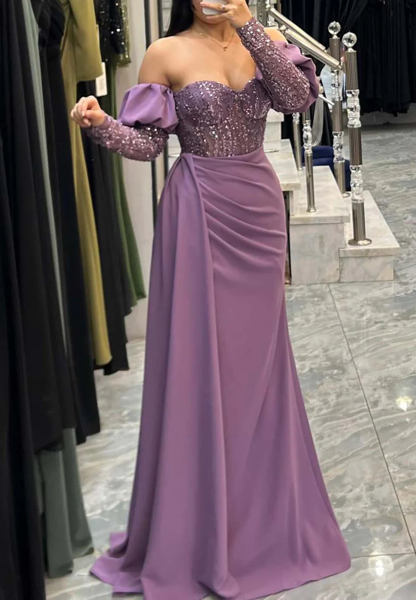 Sweetheart Long Sleeves Sparkly Ruched Sheath Evening Dress simple gentle atmospheric and unique desi Bring summer colors to enhance whiteness