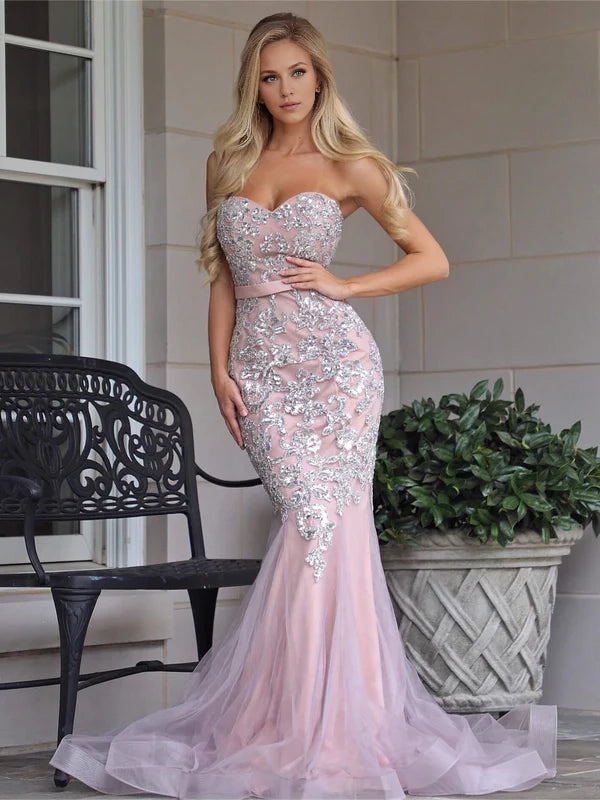 Sweetheart Pink Mermaid Prom Dress With Lace Appliques Simple gentle atmospheric and unique design