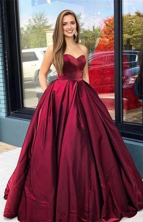 Sweetheart Red Floor Length Long Prom Formal Dress Burgundy Strapless Ball Gown with Full Skirt Party Dresses,