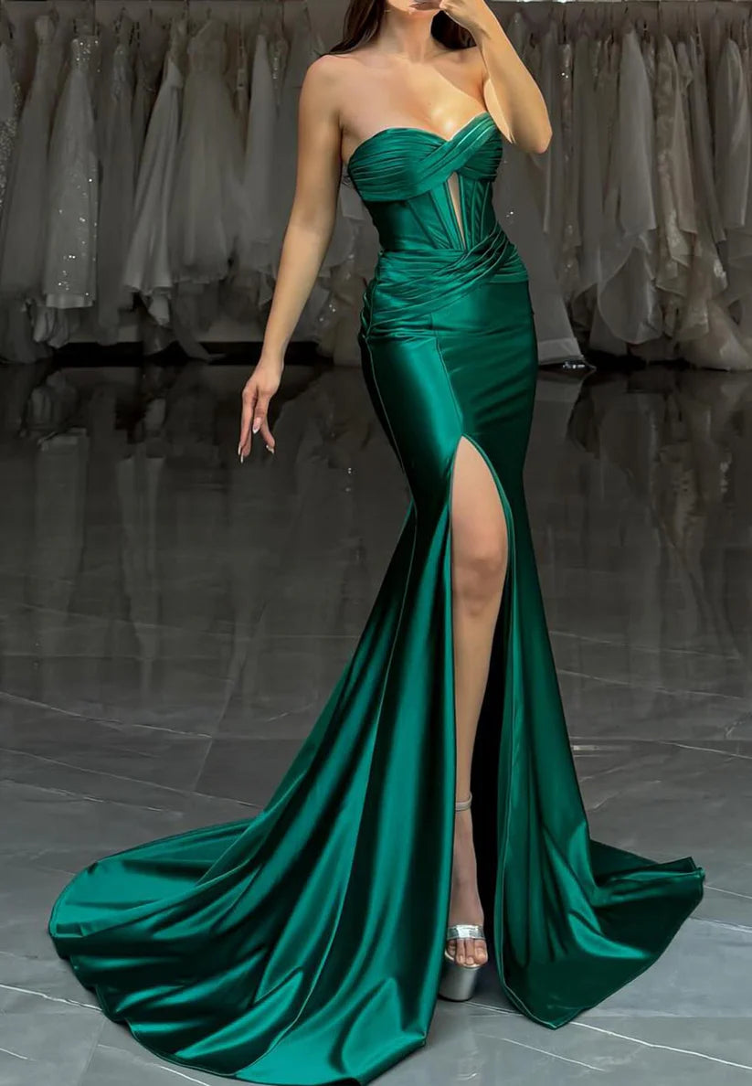 Sweetheart Satin Ruched Side Slit Green Mermaid Prom Dress Long Formal Gown simple gentle atmospheric and unique desi Bring summer colors to enhance whiteness