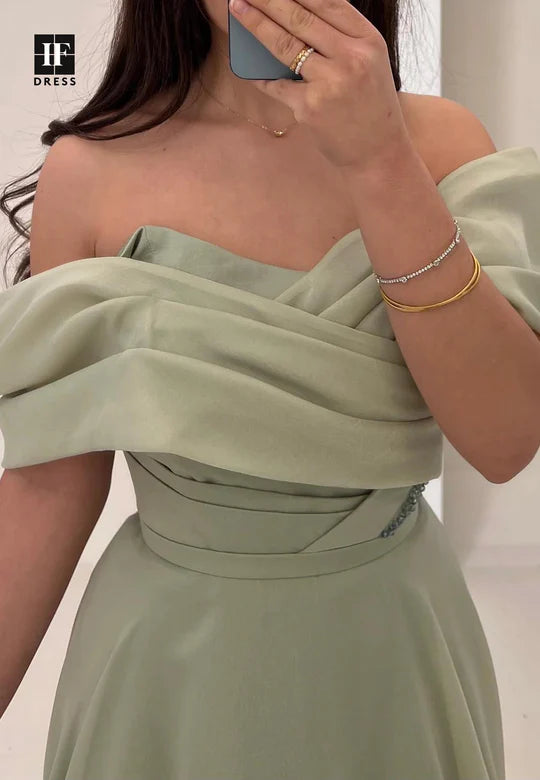 Sweetheart Sleeveless A-Line Evening Dress Off-Shoulder Beaded Pleated Chiffon Formal Gowns simple gentle atmospheric and unique desi Bring summer colors to enhance whiteness