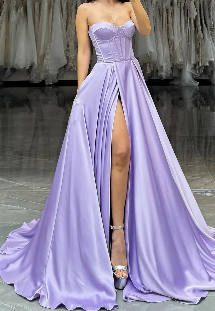 Sweetheart Sleeveless Pleated Sleek Satin A-Line Prom Dress simple gentle atmospheric and unique desi Bring summer colors to enhance whiteness