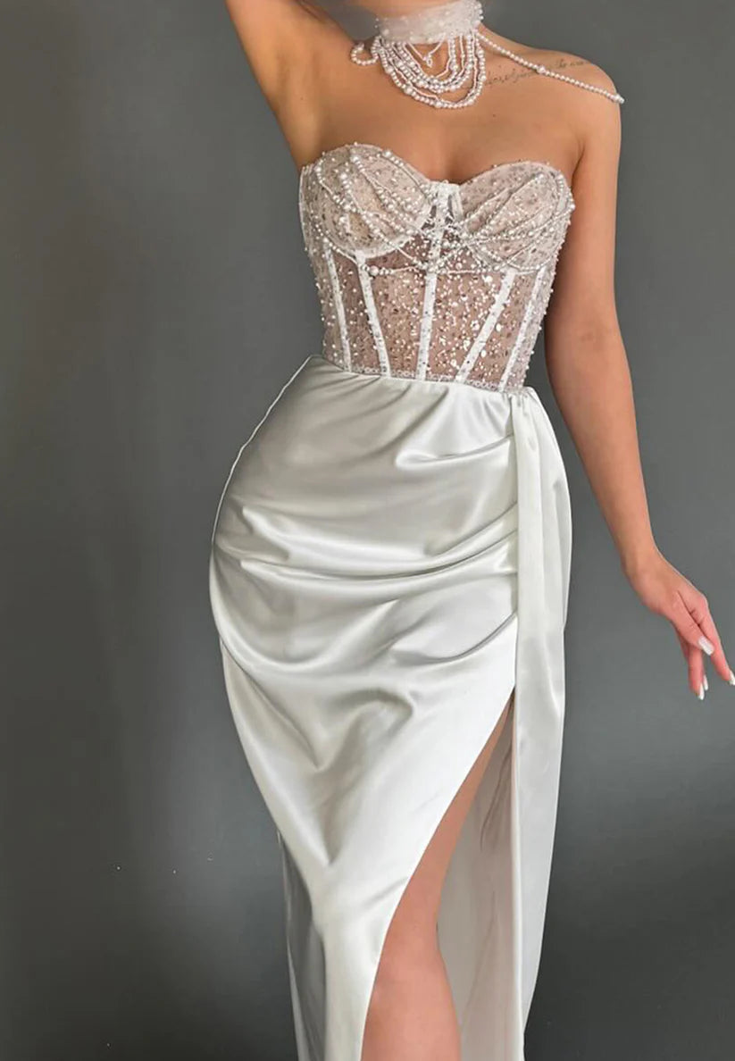 Sweetheart Sleeveless Sequins Beaded Sheath Prom Dress simple gentle atmospheric and unique desi Bring summer colors to enhance whiteness