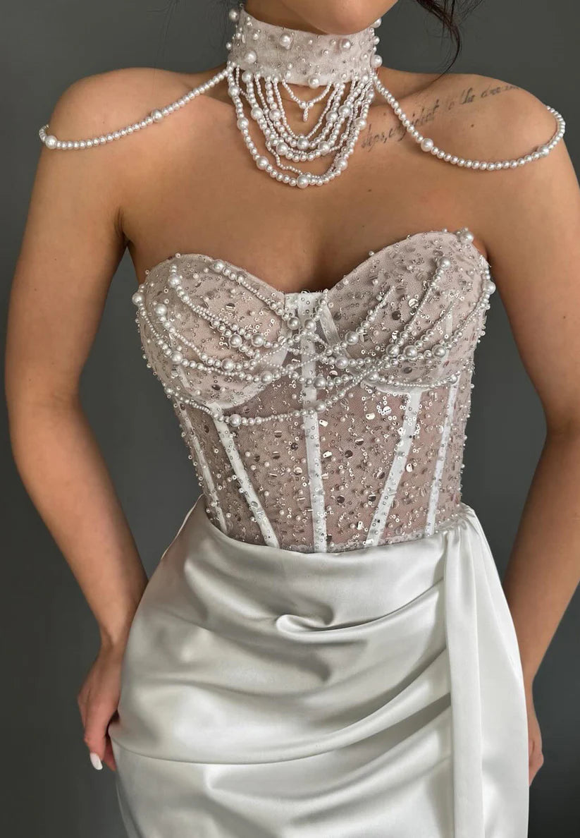 Sweetheart Sleeveless Sequins Beaded Sheath Prom Dress simple gentle atmospheric and unique desi Bring summer colors to enhance whiteness