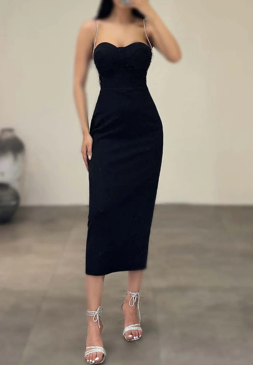 Sweetheart Spaghetti Straps Bodycon Midi Dress Sheath Formal Dress simple gentle atmospheric and unique desi Bring summer colors to enhance whiteness