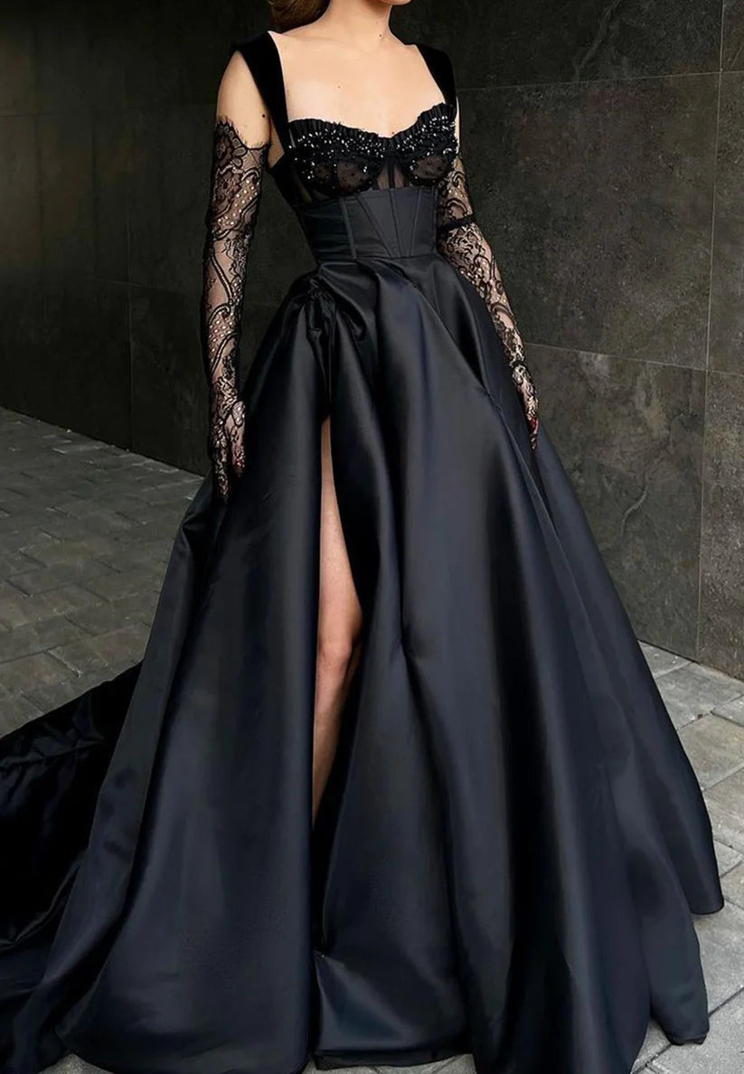 Sweetheart Straps Appliques Pleated A-Line Black Prom Dress simple gentle atmospheric and unique desi Bring summer colors to enhance whiteness