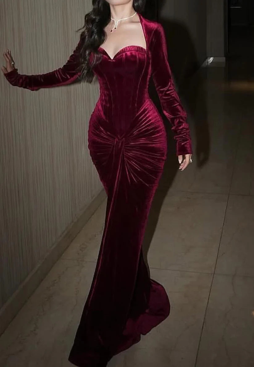 Sweetheart Velvet Long Sleeves Mermaid Formal Dress simple gentle atmospheric and unique desi Bring summer colors to enhance whiteness