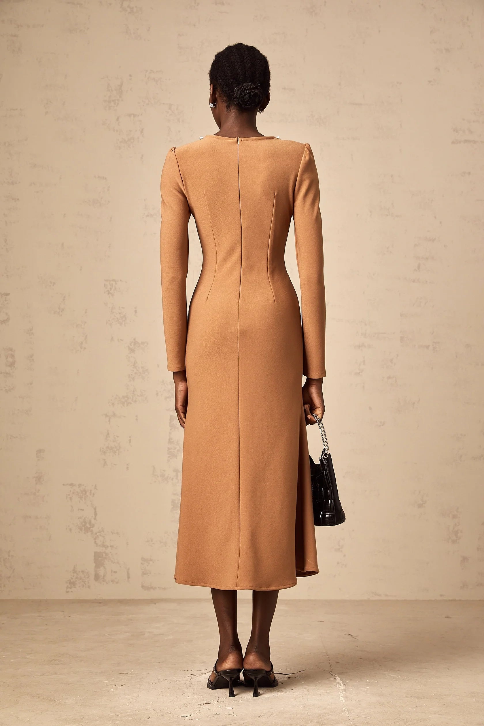 Tan Beaded Neck Long Sleeve Midi Dress Doriane khaki sequin-embellished midi dress Evening Dress