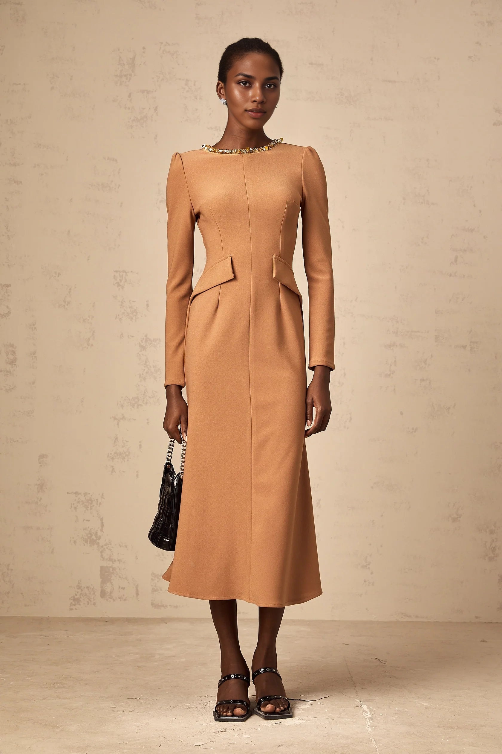 Tan Beaded Neck Long Sleeve Midi Dress Doriane khaki sequin-embellished midi dress Evening Dress