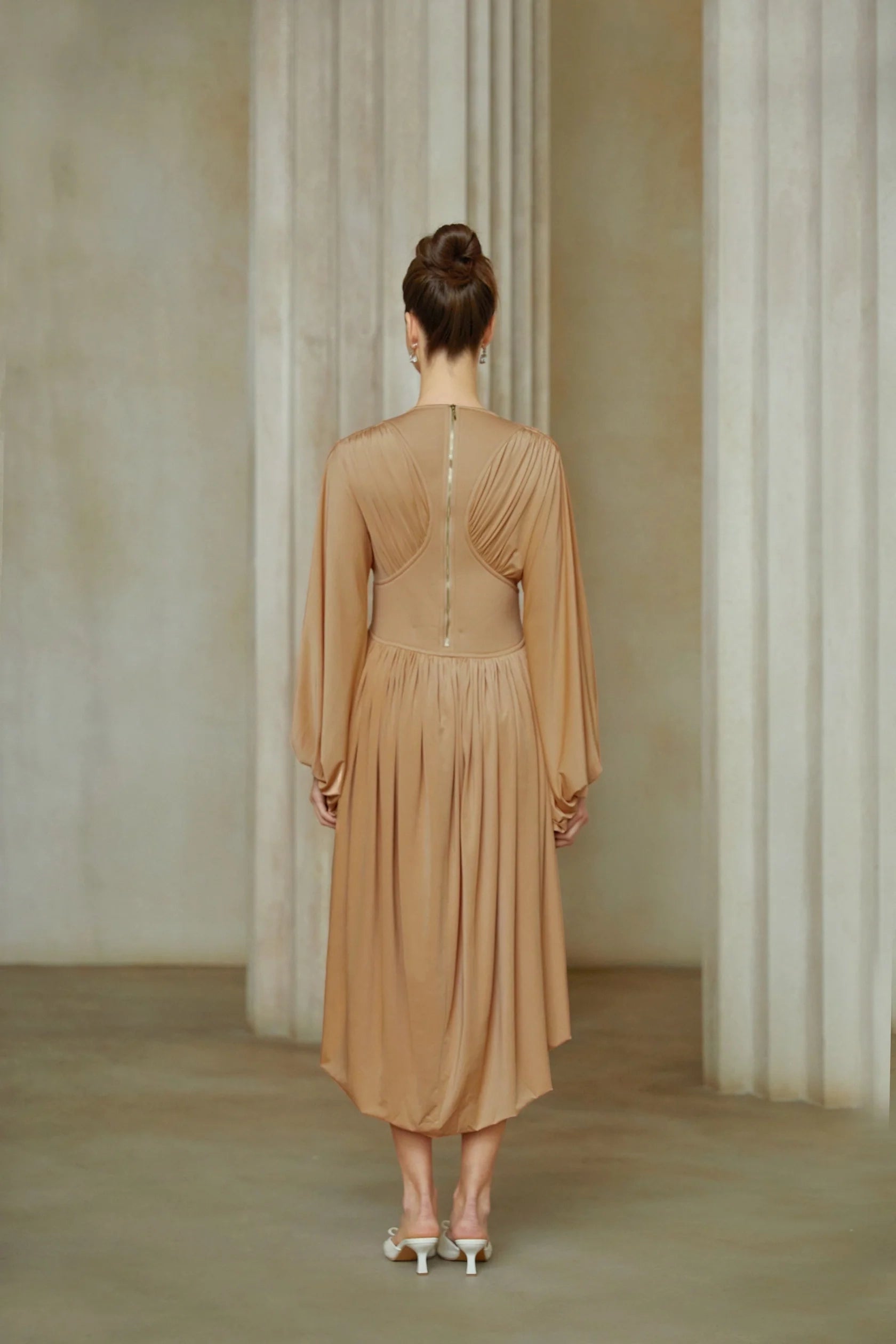 Tan Long Sleeve High - Low Midi Dress with Ruched Detail Pink Asymmetrical Pleated Midi Dress Evening Dress