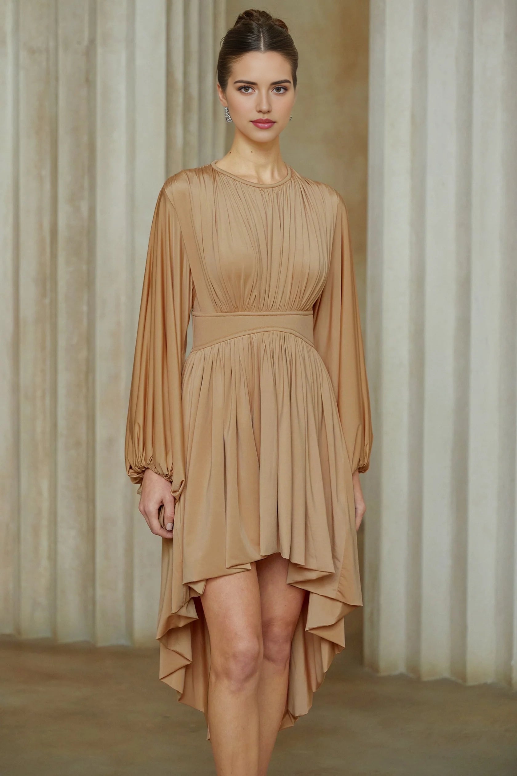 Tan Long Sleeve High - Low Midi Dress with Ruched Detail Pink Asymmetrical Pleated Midi Dress Evening Dress