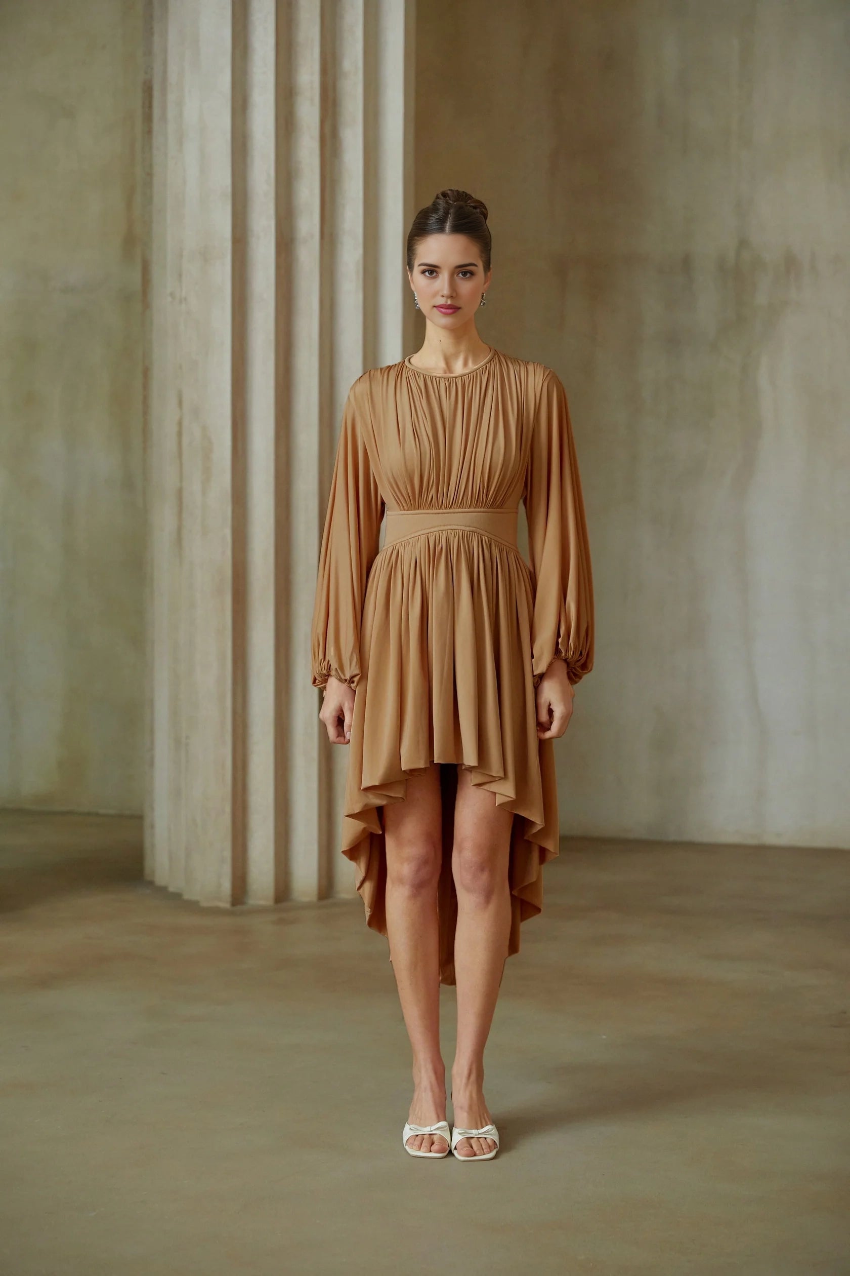 Tan Long Sleeve High - Low Midi Dress with Ruched Detail Pink Asymmetrical Pleated Midi Dress Evening Dress