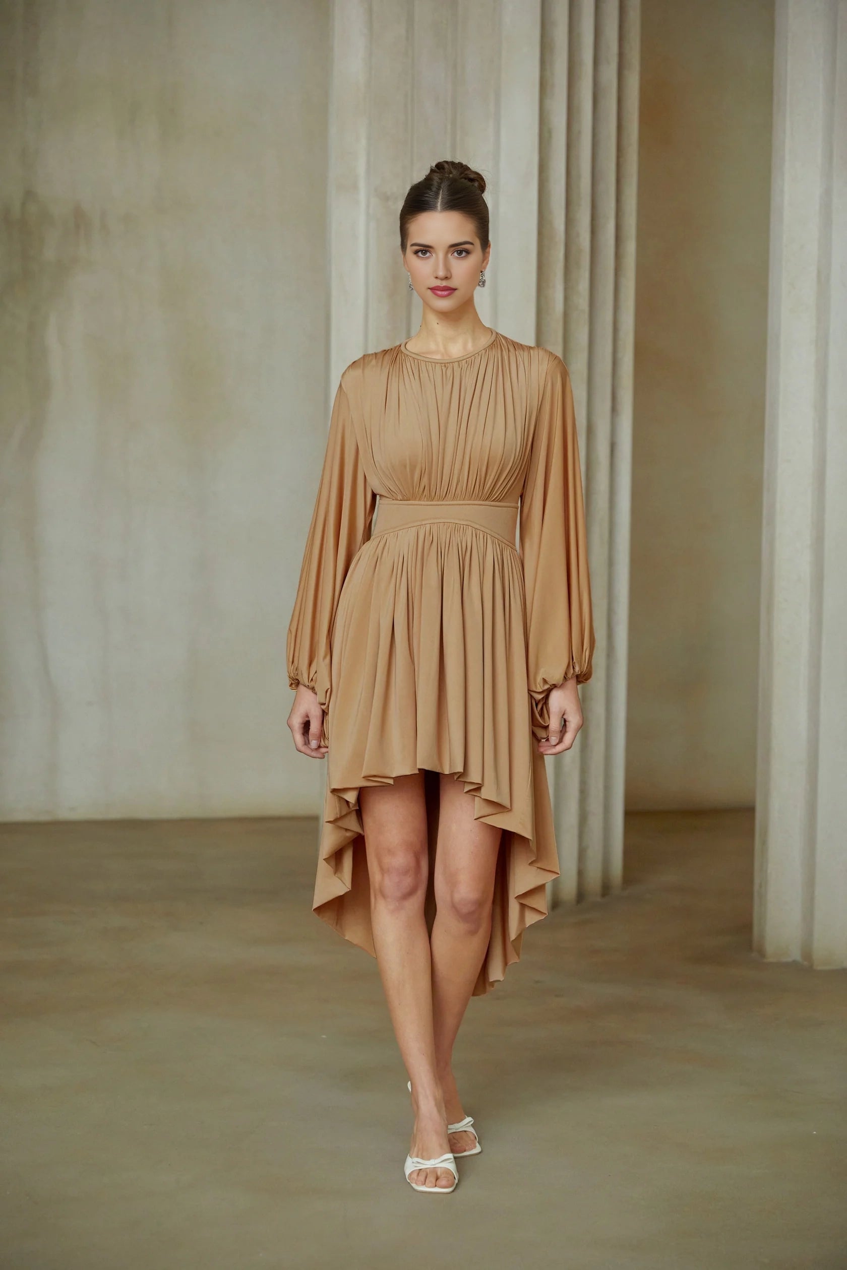 Tan Long Sleeve High - Low Midi Dress with Ruched Detail Pink Asymmetrical Pleated Midi Dress Evening Dress