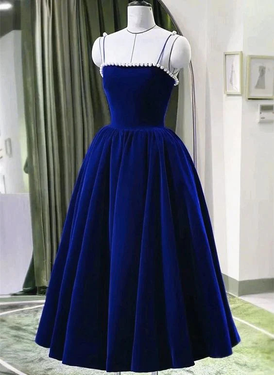 Tea Length Velvet Straps Pearls Formal Dress, Blue Homecoming Dress  simple gentle atmospheric and unique desi Brin