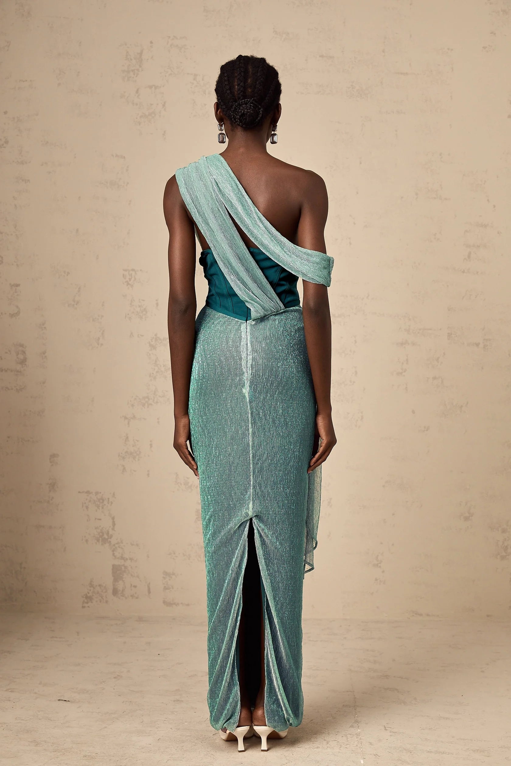 Teal Asymmetric Draped Metallic Maxi Dress Delphine green ribbon-design corset maxi dress Evening Dress