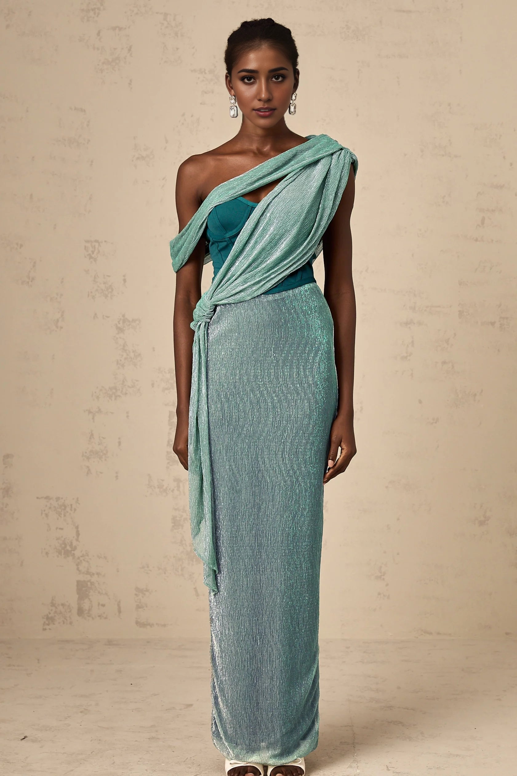 Teal Asymmetric Draped Metallic Maxi Dress Delphine green ribbon-design corset maxi dress Evening Dress