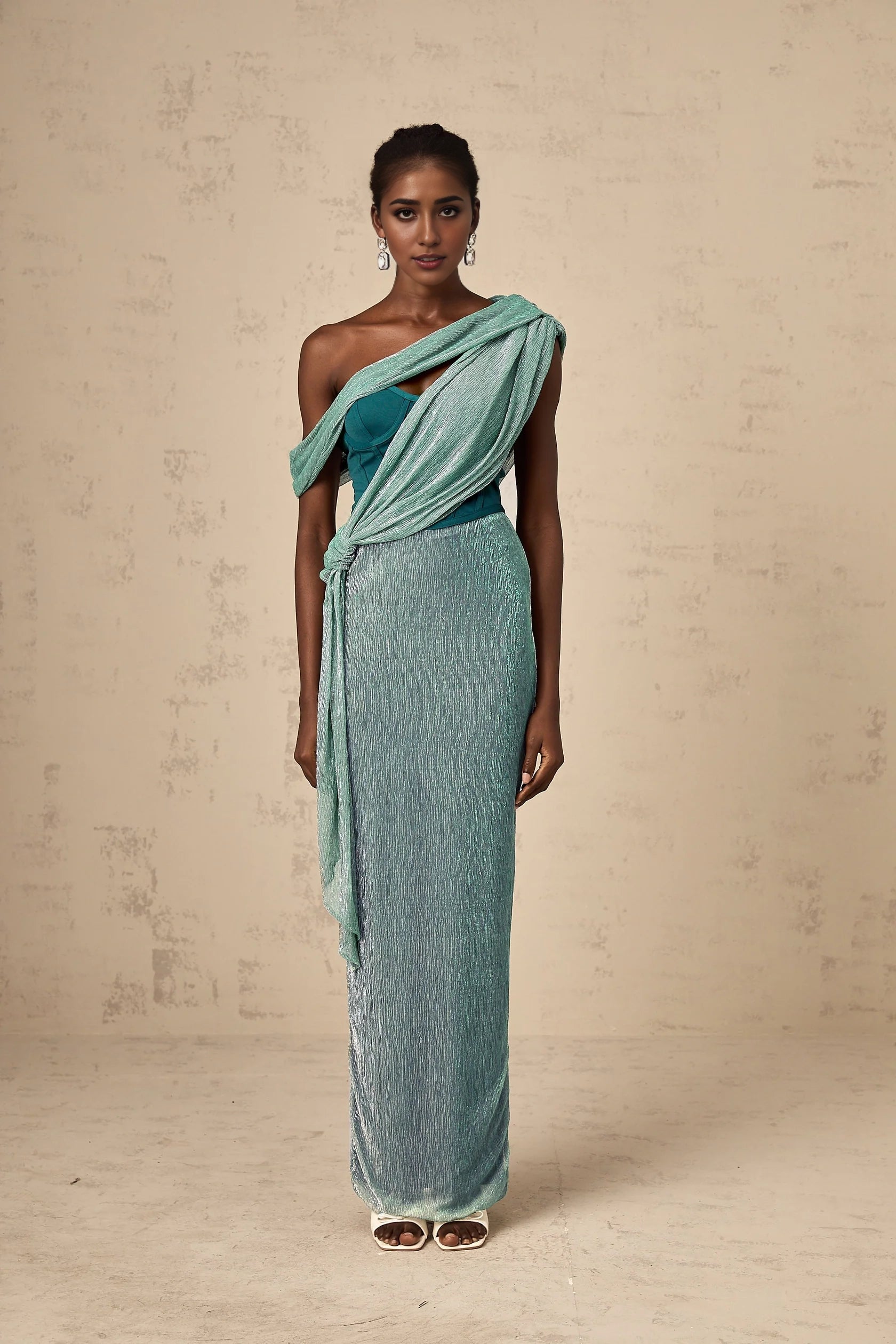 Teal Asymmetric Draped Metallic Maxi Dress Delphine green ribbon-design corset maxi dress Evening Dress