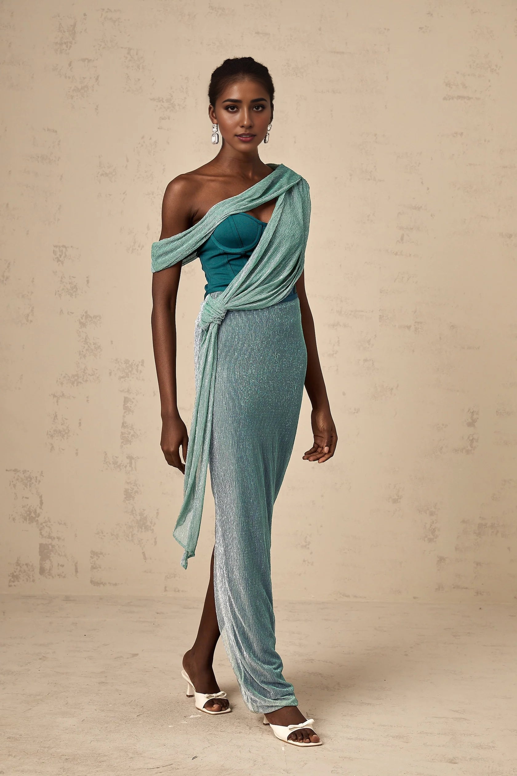 Teal Asymmetric Draped Metallic Maxi Dress Delphine green ribbon-design corset maxi dress Evening Dress