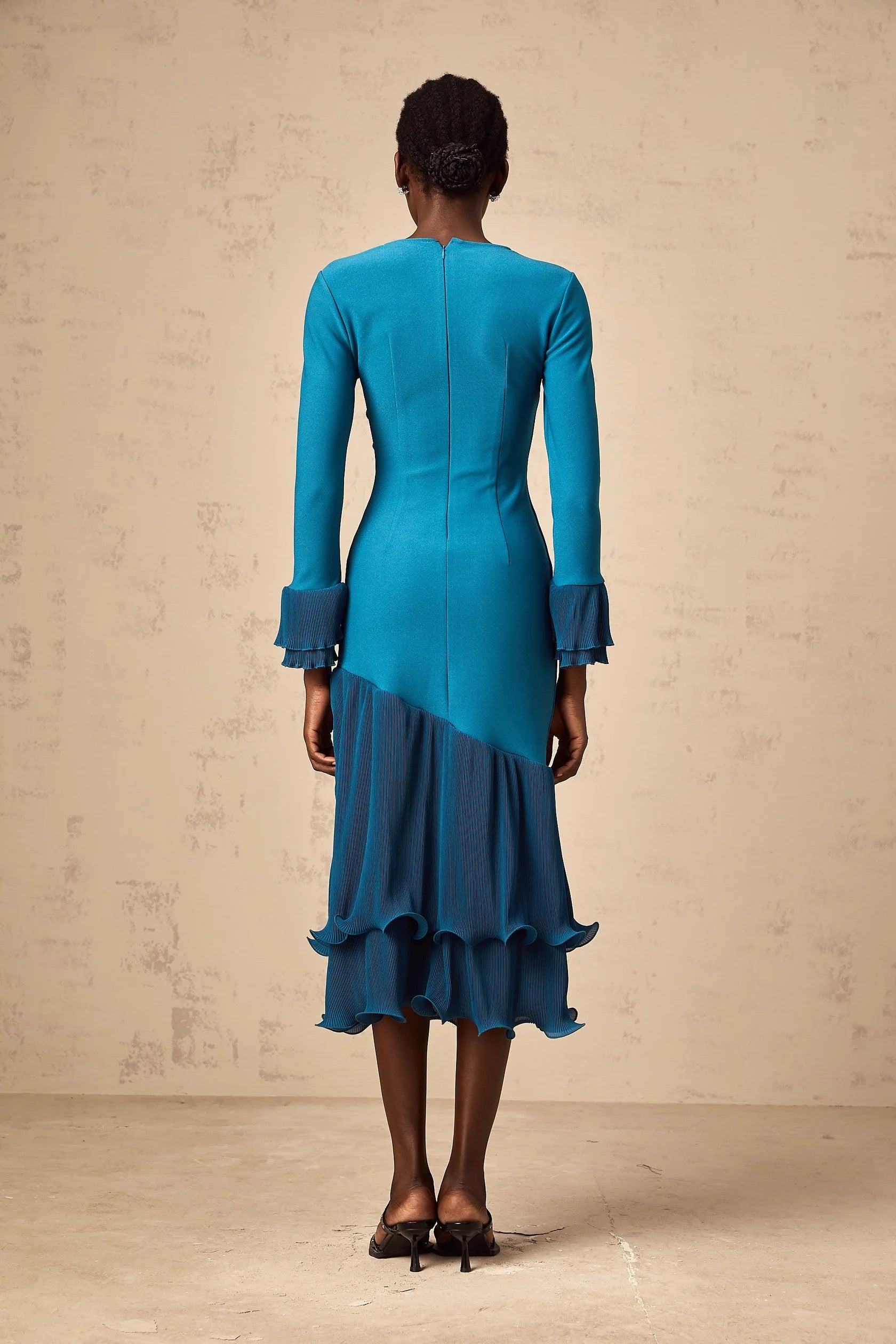 ruffled-trim panelled midi dress in Blue Teal Ruffled Hem Long Sleeve Midi Dress Evening Dress