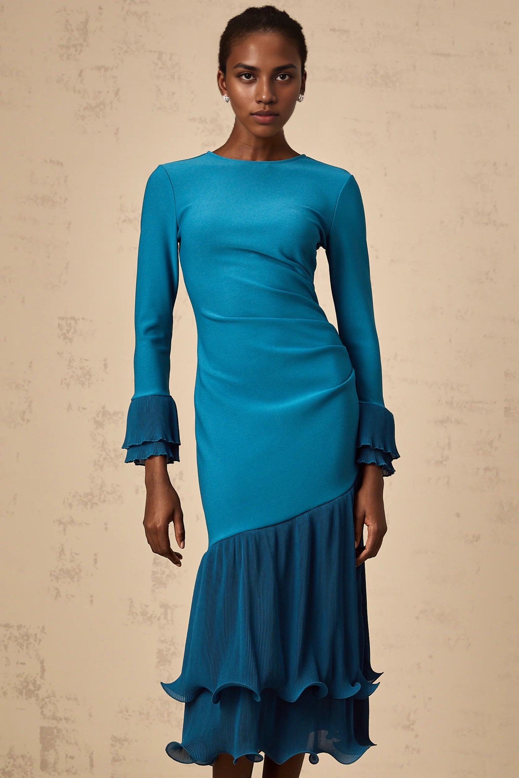ruffled-trim panelled midi dress in Blue Teal Ruffled Hem Long Sleeve Midi Dress Evening Dress