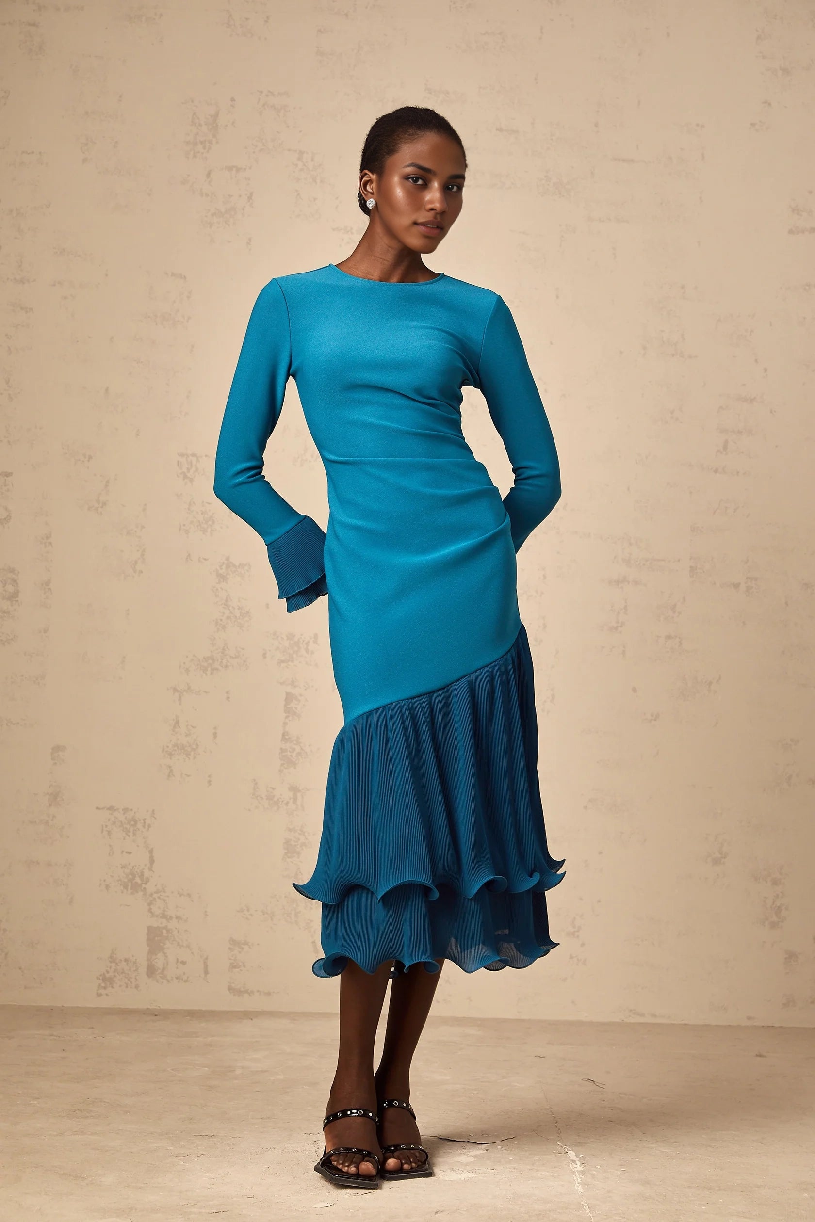 ruffled-trim panelled midi dress in Blue Teal Ruffled Hem Long Sleeve Midi Dress Evening Dress