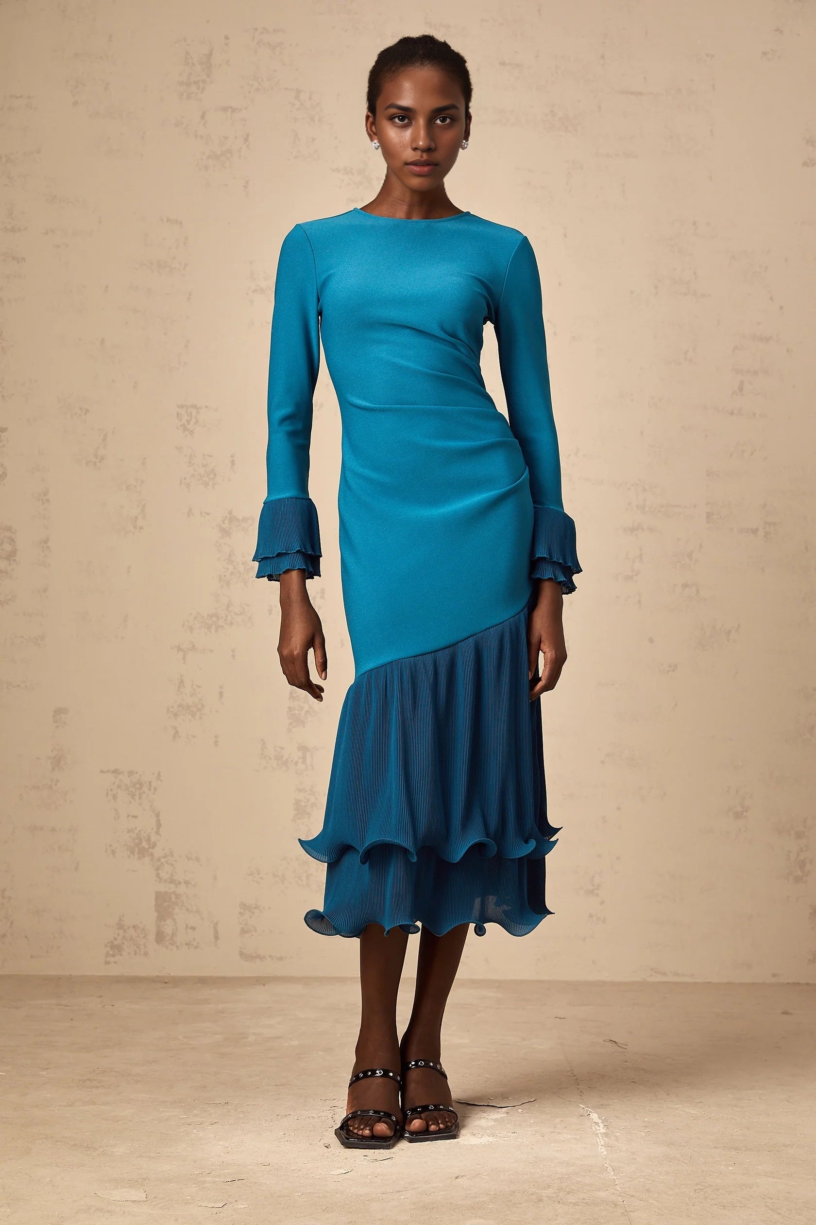 ruffled-trim panelled midi dress in Blue Teal Ruffled Hem Long Sleeve Midi Dress Evening Dress
