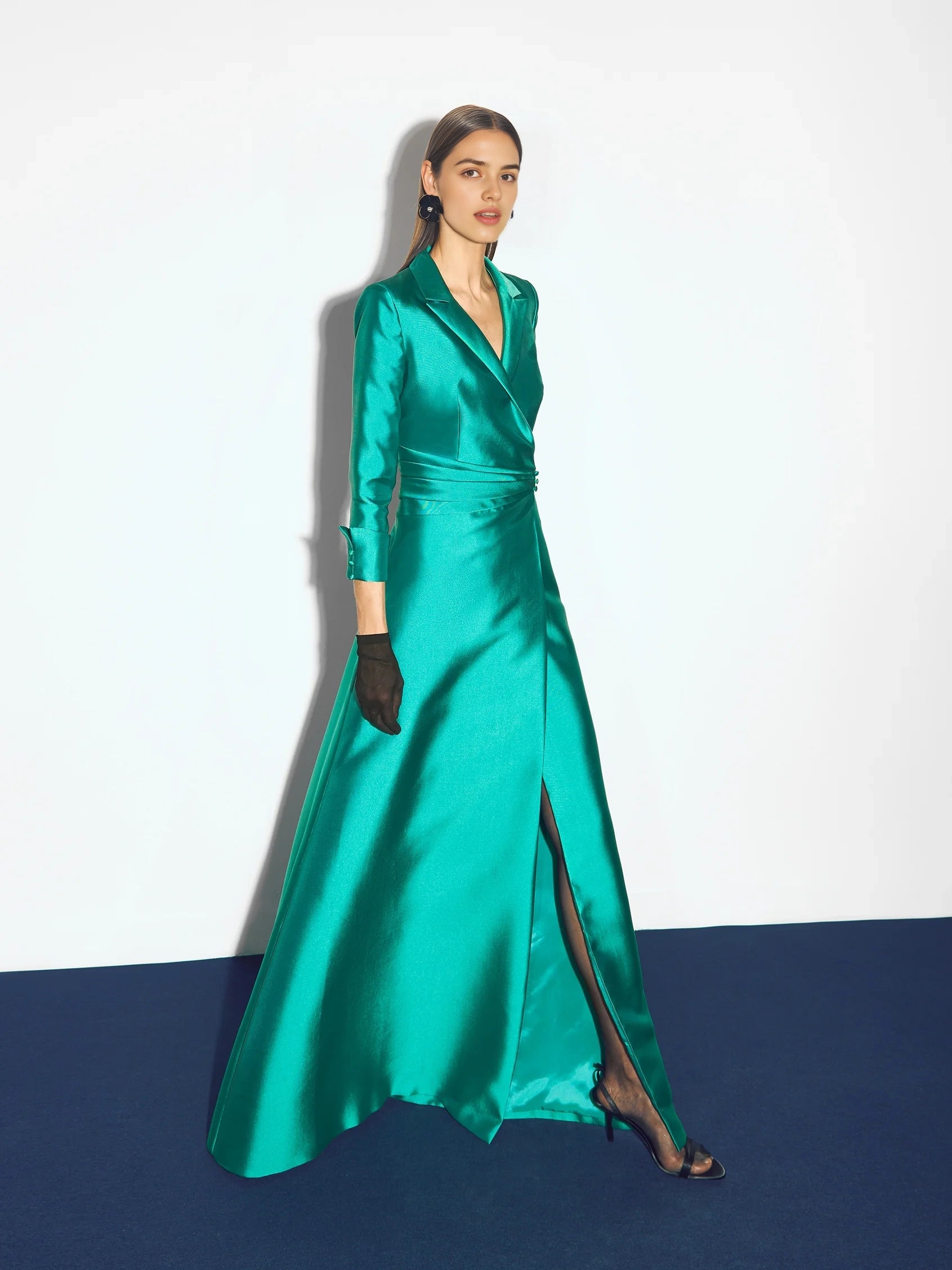 Teal Satin Lapel Wrap Maxi Dress with Side Slit Party dress with three-quarter sleeves in mikado Bridesmaid Dresses
