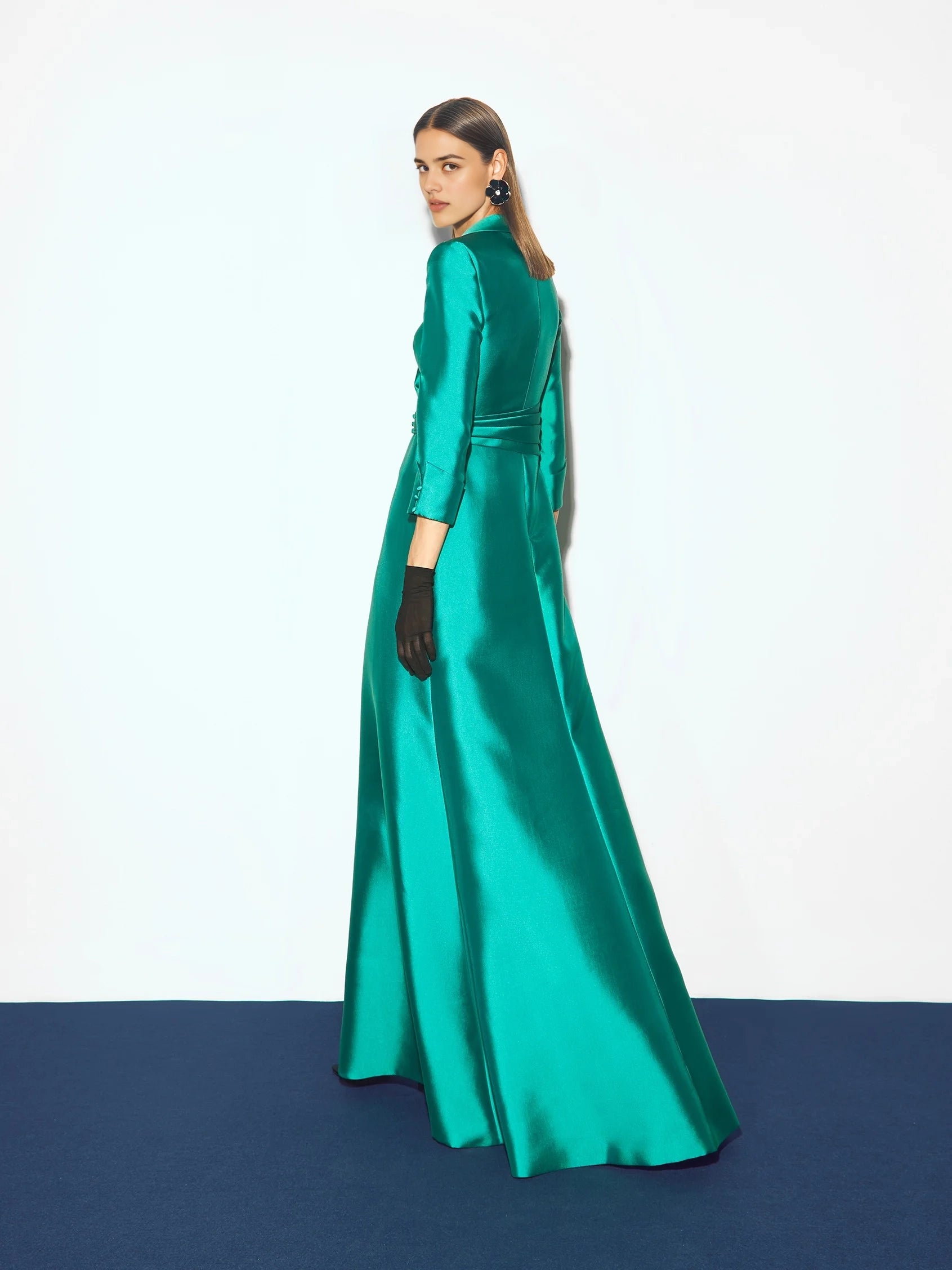 Teal Satin Lapel Wrap Maxi Dress with Side Slit Party dress with three-quarter sleeves in mikado Bridesmaid Dresses