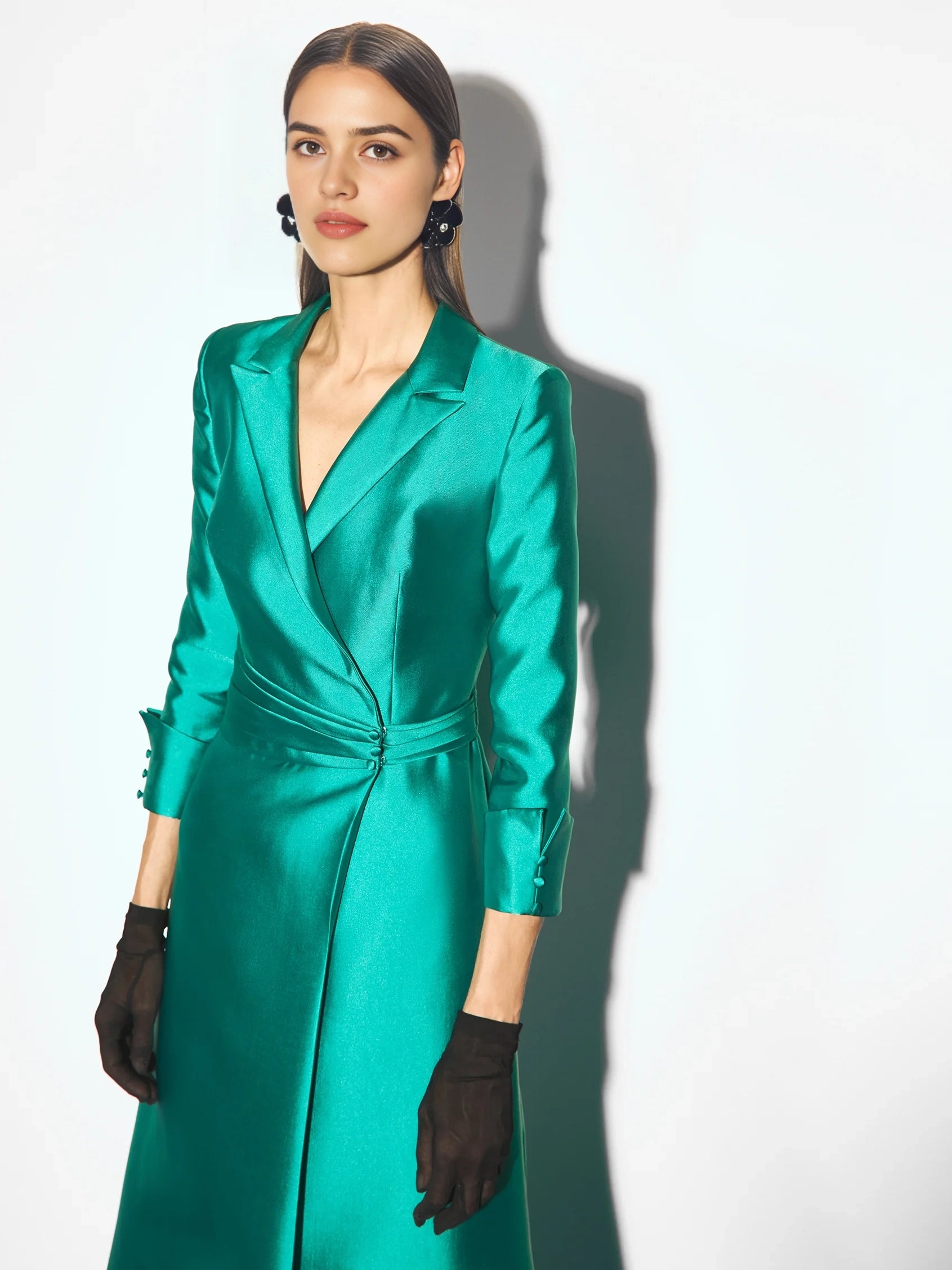 Teal Satin Lapel Wrap Maxi Dress with Side Slit Party dress with three-quarter sleeves in mikado Bridesmaid Dresses