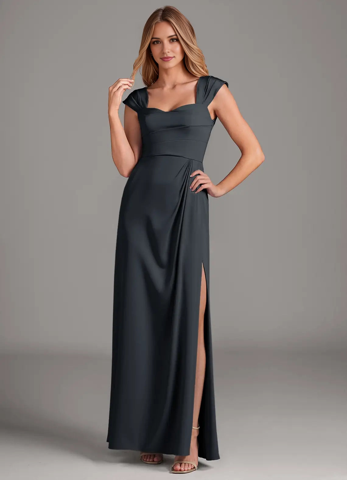 Teal Sweetheart Neck Maxi Dress with Side Slit and Open Back A-Line Pleated Stretch Satin Dress Bridesmaid Dresses