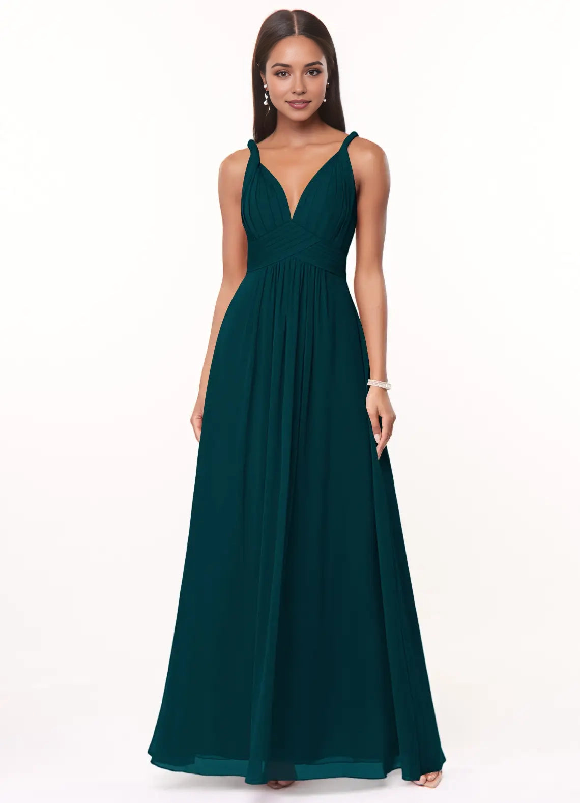 Teal V - Neck Chiffon Maxi Dress Pine A-Line Pleated Chiffon Dress Bridesmaid Dresses