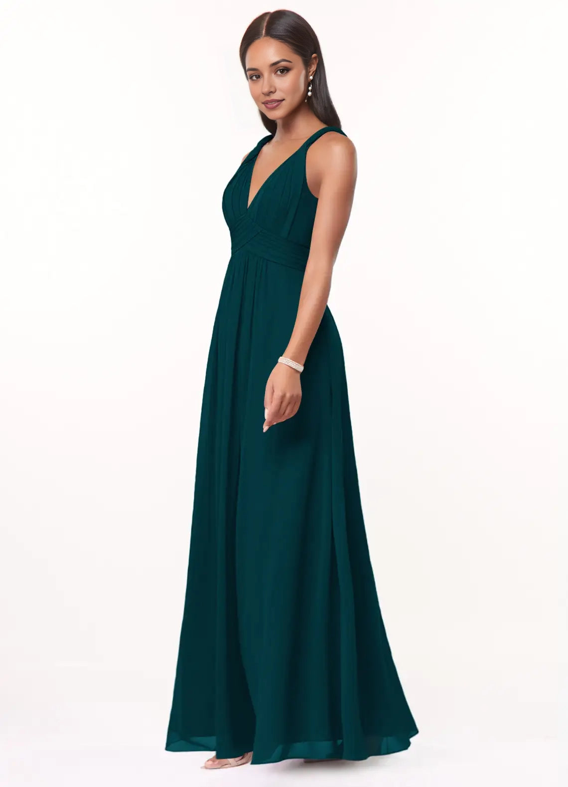 Teal V - Neck Chiffon Maxi Dress Pine A-Line Pleated Chiffon Dress Bridesmaid Dresses