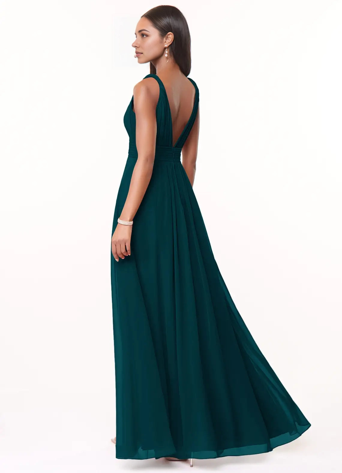 Teal V - Neck Chiffon Maxi Dress Pine A-Line Pleated Chiffon Dress Bridesmaid Dresses