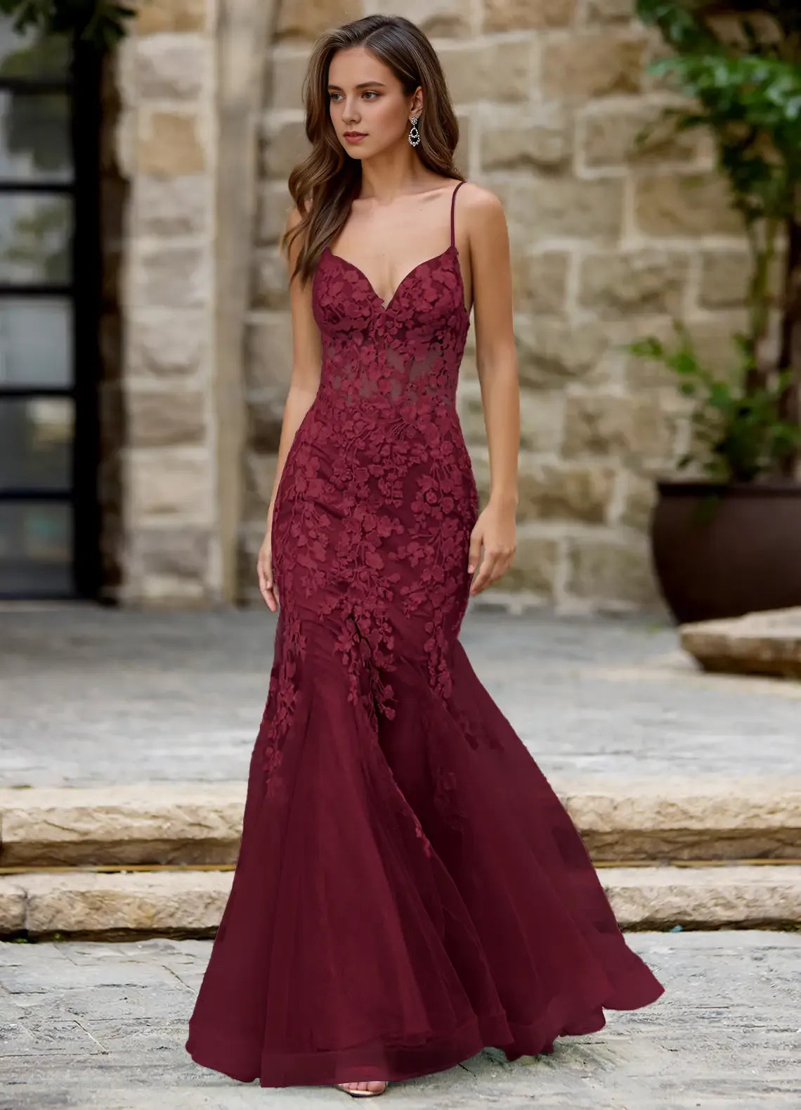 Textured Mermaid Plunging V Neck Spaghetti Strap Crisscross Lace Up Back Floor Length Hot sale Evening Dress