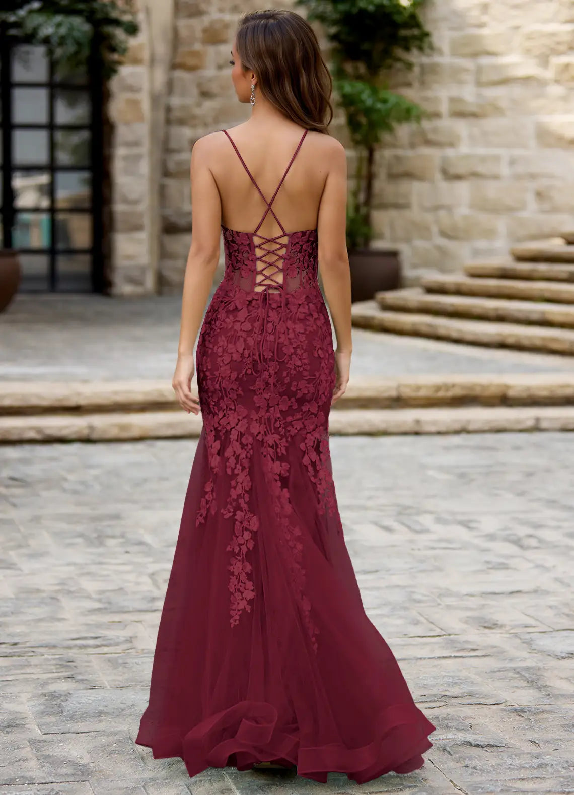 Textured Mermaid Plunging V Neck Spaghetti Strap Crisscross Lace Up Back Floor Length Hot sale Evening Dress