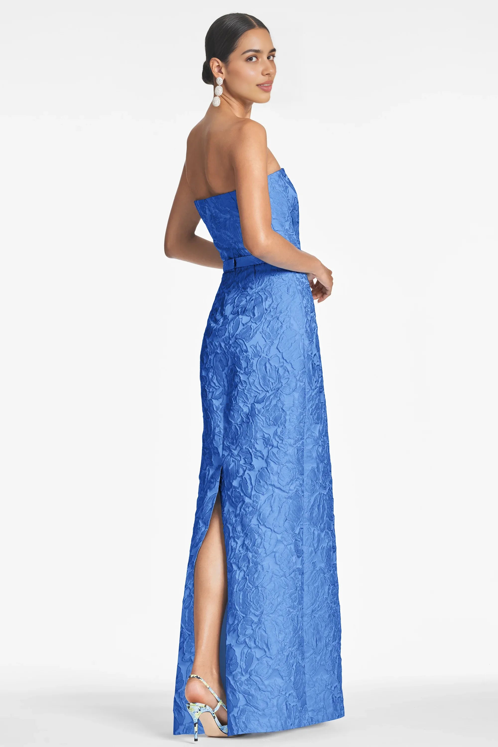 Textured Sheath Strapless Sleeveless Belted Back High Slit Floor Length Female Evening Dress