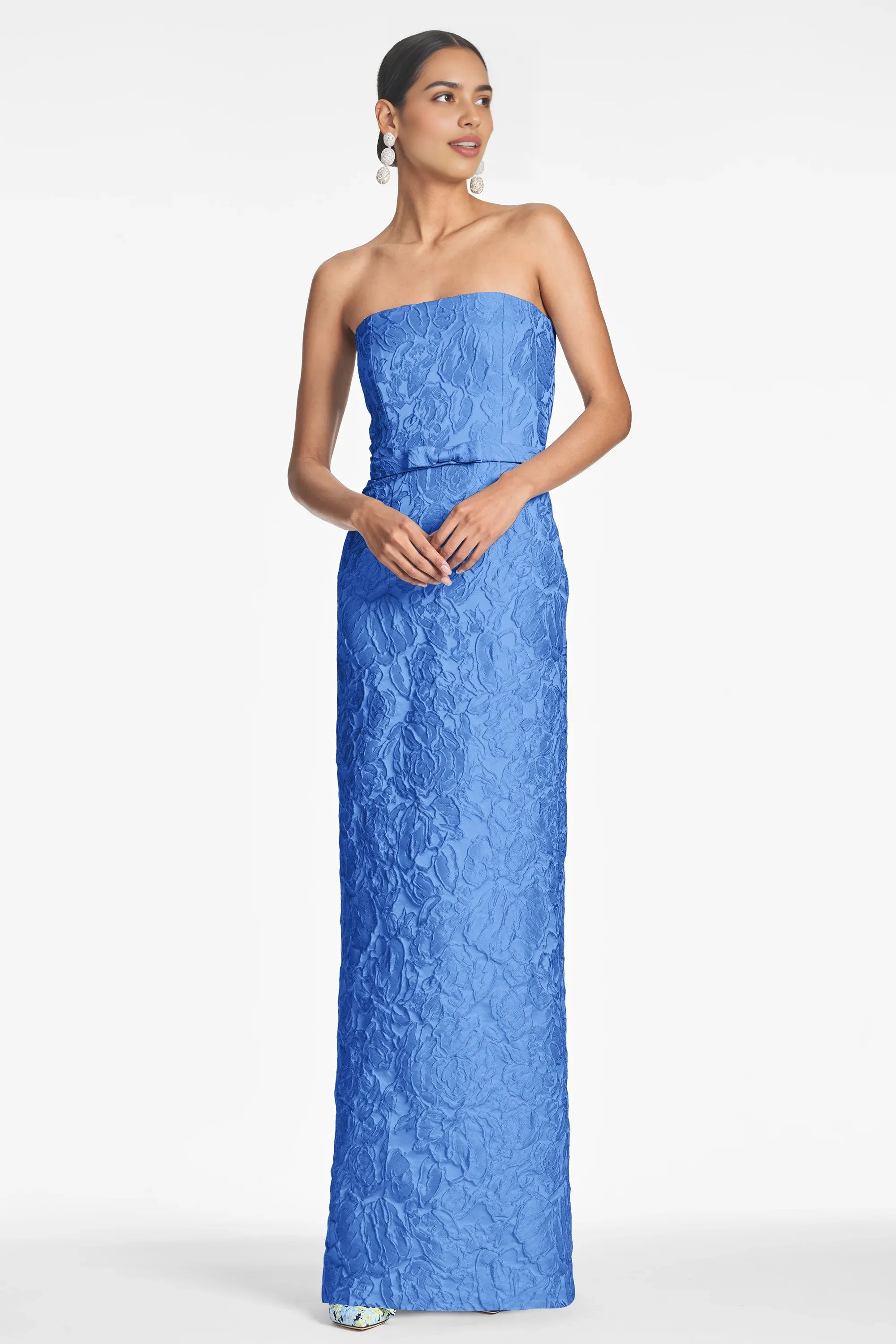 Textured Sheath Strapless Sleeveless Belted Back High Slit Floor Length Female Evening Dress